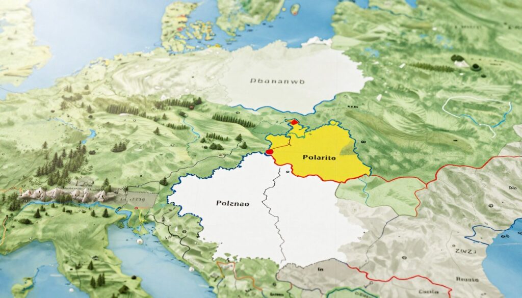A detailed view depicting the border junction of three countries, showcasing the exact point where Poland, Germany, and the Czech Republic meet. In the foreground, include a clean, well-defined map with distinct border lines highlighted in vibrant colors. The middle ground features natural landscapes representing each country's terrain—forests from Poland, rolling hills from Germany, and rivers from the Czech Republic, blending seamlessly. In the background, a clear blue sky enhances the peaceful atmosphere. Subtle sunlight filters through, casting gentle shadows, creating a tranquil yet informative mood. Capture this scene with a wide-angle lens, ensuring clarity and depth. The overall composition should invite curiosity and exploration without any text or distractions, focusing solely on the geographic highlights of these neighboring nations.