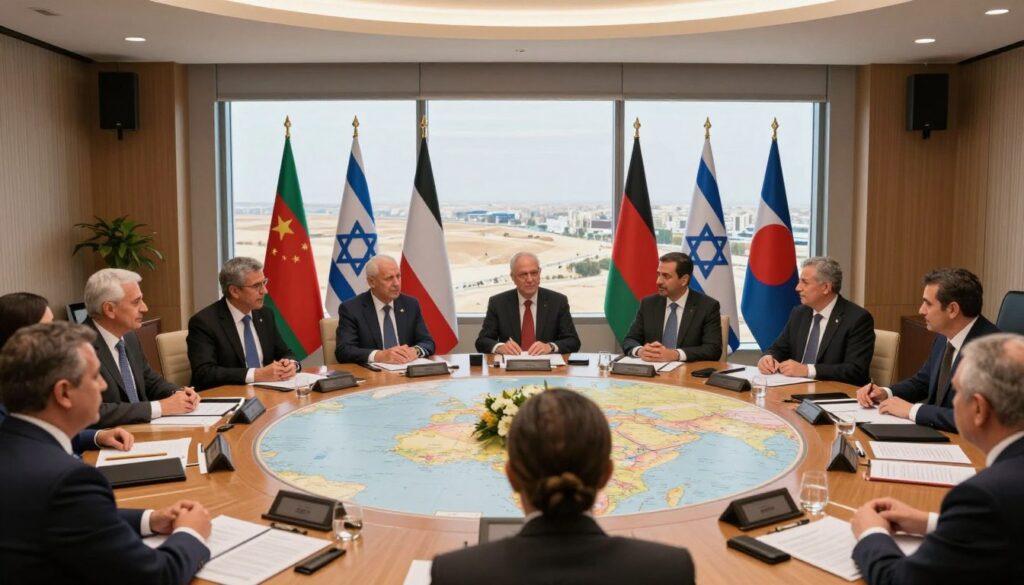 A diplomatic meeting scene taking place in a modern conference room, representing Israel's relations with its neighboring countries. In the foreground, a diverse group of diplomats dressed in professional business attire engaged in conversation. The middle ground features a large round table adorned with national flags, documents, and maps of the region, symbolizing collaboration and negotiation. In the background, a large window displays a panoramic view of the Middle Eastern landscape, incorporating elements like deserts and urban areas. Soft, natural lighting flows through the room, creating a warm and inviting atmosphere. The mood reflects professionalism, cooperation, and mutual understanding among nations, highlighting the importance of diplomacy in international relations. A diplomatic meeting scene taking place in a modern conference room, representing Israel's relations with its neighboring countries. In the foreground, a diverse group of diplomats dressed in professional business attire engaged in conversation. The middle ground features a large round table adorned with national flags, documents, and maps of the region, symbolizing collaboration and negotiation. In the background, a large window displays a panoramic view of the Middle Eastern landscape, incorporating elements like deserts and urban areas. Soft, natural lighting flows through the room, creating a warm and inviting atmosphere. The mood reflects professionalism, cooperation, and mutual understanding among nations, highlighting the importance of diplomacy in international relations.