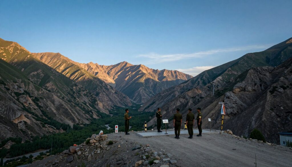 A dramatic landscape showcasing the complex border relations between India and China. In the foreground, depict a rugged mountain range with rocky terrain symbolizing the Himalayas, interspersed with dense green valleys. In the middle ground, illustrate a tranquil but tense border checkpoint, guarded by soldiers in professional military attire, engaging in a tense discussion. In the background, a vast expanse of clear blue sky with soft, diffused sunlight casting gentle shadows, evoking a sense of calm yet underlying tension. The overall mood should reflect a mix of beauty and complexity, highlighting the significance of the border while remaining respectful. Use a wide-angle lens to capture the vastness of the landscape, emphasizing both the natural beauty and the gravity of the border situation.