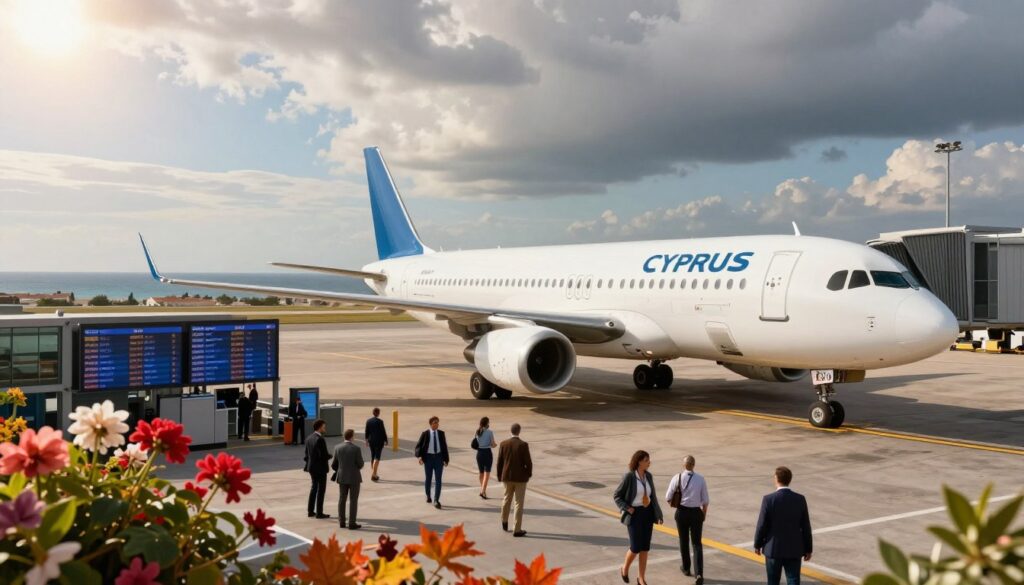 A dynamic air travel scene depicting the influence of seasonality on flights to Cyprus. In the foreground, a modern airplane is preparing for takeoff, with vibrant seasonal elements like blooming flowers and autumn leaves. The middle ground features a busy airport terminal with travelers in professional business attire and modest casual clothing, checking flight schedules on digital displays. In the background, a panoramic view of Cyprus’ coastline is visible under varying weather conditions: a sunny sky on one side and clouds indicating seasonal change on the other. Warm, natural sunlight highlights the airplane and terminal, creating an energetic yet informative atmosphere. The angle is slightly elevated, providing a comprehensive view of the intersecting elements of air travel influenced by seasonal weather. A dynamic air travel scene depicting the influence of seasonality on flights to Cyprus. In the foreground, a modern airplane is preparing for takeoff, with vibrant seasonal elements like blooming flowers and autumn leaves. The middle ground features a busy airport terminal with travelers in professional business attire and modest casual clothing, checking flight schedules on digital displays. In the background, a panoramic view of Cyprus’ coastline is visible under varying weather conditions: a sunny sky on one side and clouds indicating seasonal change on the other. Warm, natural sunlight highlights the airplane and terminal, creating an energetic yet informative atmosphere. The angle is slightly elevated, providing a comprehensive view of the intersecting elements of air travel influenced by seasonal weather.