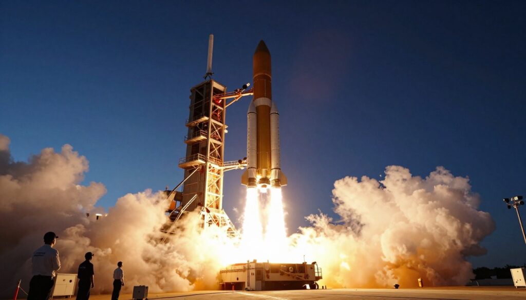 A dynamic rocket launch scene capturing the physics of rocket propulsion and gravity defiance. In the foreground, a powerful rocket is firing its engines, with flames and smoke billowing dramatically, highlighting the force of thrust. The middle ground features a launch pad, surrounded by scientific equipment and engineers in professional attire observing, ensuring a sense of precision and innovation. The background showcases a clear blue sky transitioning to a deep dark space, with subtle stars beginning to twinkle. The lighting is bright and intense, accentuating the power of the engines, while a slight upward angle provides a sense of ascent and motion. The overall mood conveys excitement and the awe of scientific achievement.
