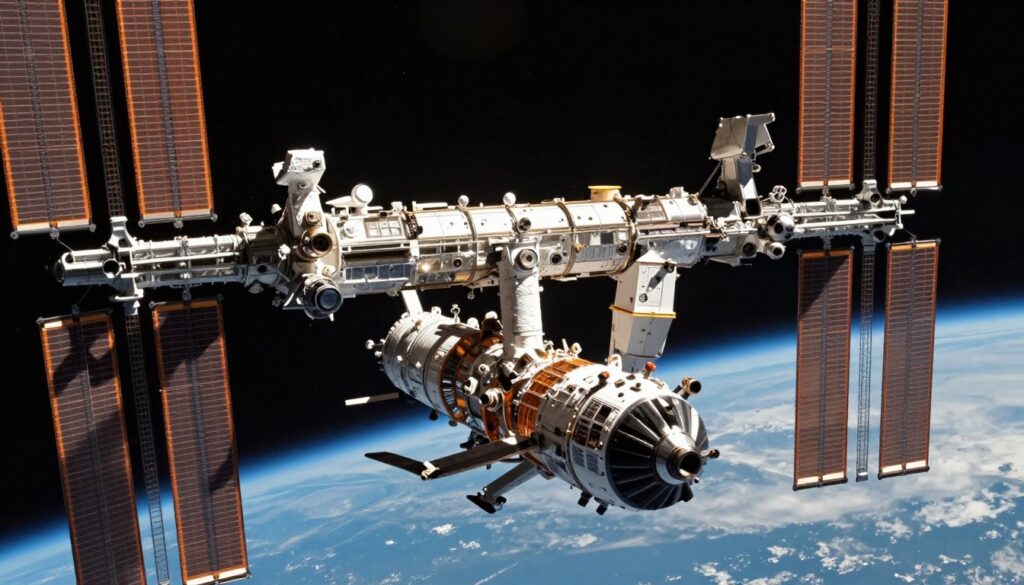 A futuristic scene depicting the International Space Station (ISS) in the process of docking with a spacecraft. In the foreground, a sleek, technologically advanced spacecraft with intricate details is aligned perfectly with the ISS. The middle ground features various modules of the ISS, with solar panels extending outward, reflecting sunlight. The background showcases the vastness of space, dotted with distant stars and the Earth partially visible curved beneath. Soft, ambient lighting illuminates the spacecraft and ISS, creating a warm yet awe-inspiring atmosphere. The angle is slightly below eye level, enhancing the majestic scale of the ISS against the cosmic backdrop. The mood is one of innovation and collaboration in space exploration, highlighting the challenges of docking in a celestial environment.