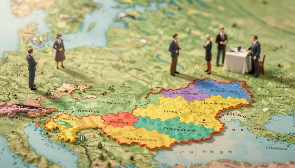 A historical illustration depicting the significance of borders in Austria's history. In the foreground, a detailed map showcasing Austria's borders, clearly marking neighboring countries with vibrant colors and textures. In the middle ground, artistic representations of historical events, such as treaties and border changes, featuring stylized figures in professional business attire engaged in discussion. The background highlights the picturesque Austrian landscape, including mountains and valleys, symbolizing the natural boundaries. Soft, warm lighting creates an inviting atmosphere, while a slight mist adds a sense of nostalgia. The scene is composed with a shallow depth of field to emphasize the map and figures, capturing the essence of Austria's historical relationship with its borders.