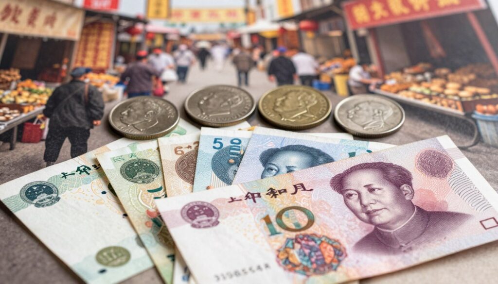 A historical representation of the renminbi through the ages, showcasing its evolution in currency design. In the foreground, display various denominations of renminbi bills, stacked and fanned out, highlighting intricate details like the portraits and security features. In the middle ground, include classic Chinese coins that date back centuries, emphasizing their cultural significance. The background should feature a blurred image of a bustling Chinese market, evoking a sense of commerce and economic activity. Soft, warm lighting casts gentle shadows, creating an inviting atmosphere, while a slight depth of field keeps the focus on the currency elements. The overall mood is one of historical significance and financial evolution, underscoring the rich heritage of China's currency. A historical representation of the renminbi through the ages, showcasing its evolution in currency design. In the foreground, display various denominations of renminbi bills, stacked and fanned out, highlighting intricate details like the portraits and security features. In the middle ground, include classic Chinese coins that date back centuries, emphasizing their cultural significance. The background should feature a blurred image of a bustling Chinese market, evoking a sense of commerce and economic activity. Soft, warm lighting casts gentle shadows, creating an inviting atmosphere, while a slight depth of field keeps the focus on the currency elements. The overall mood is one of historical significance and financial evolution, underscoring the rich heritage of China's currency.