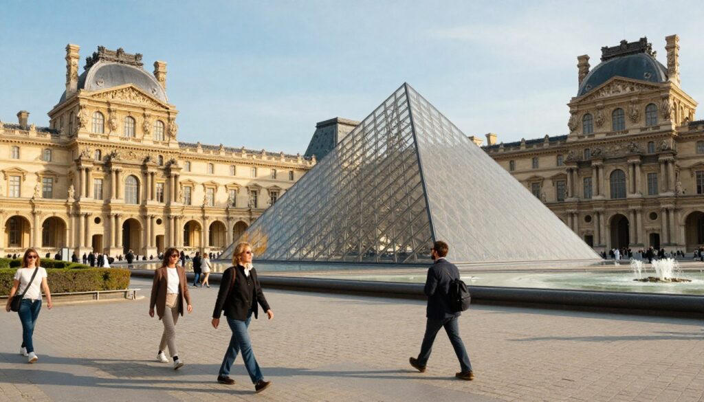 A majestic view of the Louvre Museum in Paris, showcasing its iconic glass pyramid and stunning classical architecture. In the foreground, visitors stroll leisurely on the cobblestone plaza, dressed in smart casual attire, admiring the unique blend of modern and historic elements. The middle ground features the intricate details of the museum's façade, surrounded by elegant trees and fountains, reflecting the clear blue sky. In the background, a hint of the Seine River glistens under soft sunlight, enhancing the overall atmosphere. The scene is bathed in warm, golden hour lighting, creating a welcoming ambiance. The angle captures both the grandeur of the pyramid and the rich architectural details, emphasizing the Louvre’s status as the world's most famous museum.