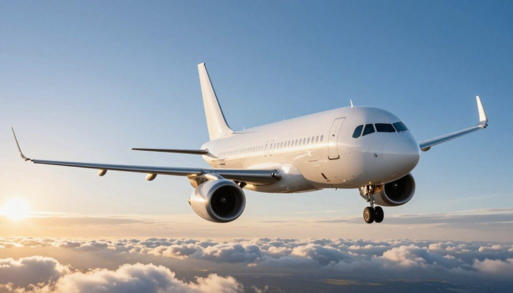 A modern airplane soaring through a clear blue sky, symbolizing direct flights from Poland. In the foreground, the sleek aircraft with a polished body reflects sunlight, showcasing its wings and engines. The middle ground features a vibrant horizon with fluffy white clouds and a faint hint of land below, suggesting Poland. In the background, a dynamic sun setting at the horizon casts warm golden tones across the sky, enhancing the mood of travel and adventure. The scene captures a sense of freedom and efficient travel, while the overall lighting is bright and inviting, creating a serene yet energetic atmosphere. Emphasize the airplane in a professional and business-like context, avoiding any human figures to maintain focus on the flight theme.