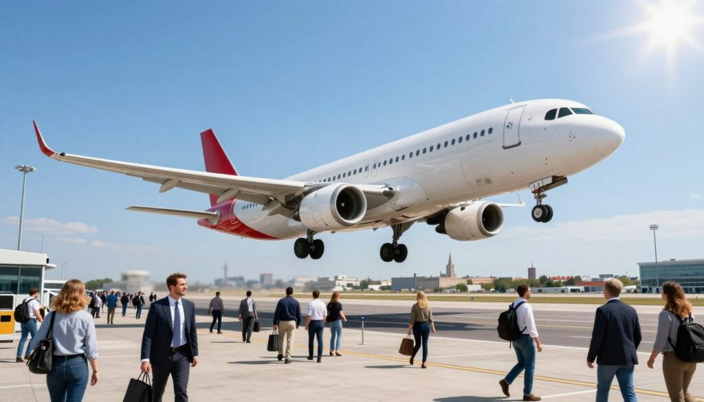 A modern airplane taking off into a clear blue sky, symbolizing direct flights from Poland to Los Angeles. In the foreground, show the gleaming aircraft with polished details and vibrant colors, capturing the essence of international travel. The middle ground features a bustling airport terminal with passengers checking in, dressed in smart business attire and modest casual clothing, representing diverse backgrounds and cultures. In the background, depict distant cityscapes of Warsaw with recognizable landmarks, blending into the horizon. The lighting is bright and sunny, emphasizing hope and adventure, with a slight lens flare to evoke positivity. The atmosphere is energetic yet calm, perfect for showcasing the convenience of direct flight connections.