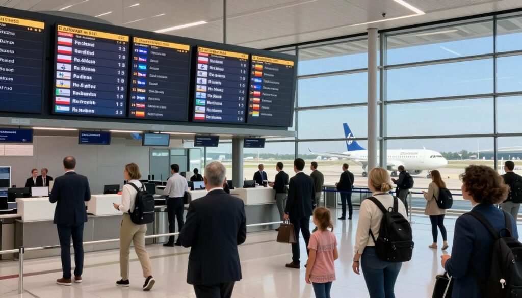 A modern airport scene showcasing direct flight connections, with a focus on an illuminated departure board displaying various direct flights from Poland to Israel. In the foreground, a diverse group of professionally dressed travelers, including businesspeople and families, eagerly looking at the board. The middle ground features sleek airline counters and check-in areas bustling with activity. In the background, large windows reveal airplanes parked on the tarmac, ready for takeoff under a clear blue sky. The lighting is bright and welcoming, emphasizing the excitement of travel. The atmosphere is dynamic and vibrant, capturing the essence of international air travel. The composition is shot from an eye-level angle to create an immersive experience. A modern airport scene showcasing direct flight connections, with a focus on an illuminated departure board displaying various direct flights from Poland to Israel. In the foreground, a diverse group of professionally dressed travelers, including businesspeople and families, eagerly looking at the board. The middle ground features sleek airline counters and check-in areas bustling with activity. In the background, large windows reveal airplanes parked on the tarmac, ready for takeoff under a clear blue sky. The lighting is bright and welcoming, emphasizing the excitement of travel. The atmosphere is dynamic and vibrant, capturing the essence of international air travel. The composition is shot from an eye-level angle to create an immersive experience.