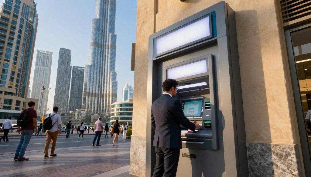 A modern bank ATM situated in a bustling Dubai street, with a sleek, high-tech design and illuminated display. In the foreground, a business professional in smart attire approaches the ATM, examining transaction options. The background features iconic Dubai architecture, including the Burj Khalifa and other contemporary skyscrapers, under a clear blue sky. The scene is bathed in warm, golden sunlight that highlights the vibrant colors of the surroundings, creating an inviting atmosphere. Capture the bustling city life with locals and tourists in casual clothing, emphasizing a sense of security and convenience in urban banking. The angle should be slightly low to showcase the height of the buildings and the ATM's modern design, ensuring clear focus on the ATM device and user interaction.