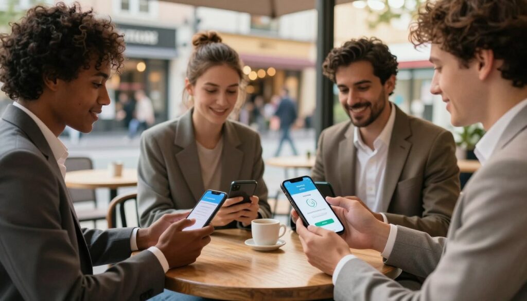 A modern, inviting scene illustrating mobile payments. In the foreground, a diverse group of three professionals dressed in business attire interacts with their smartphones, making transactions at a trendy café table. The middle ground features a close-up of a smartphone screen displaying a mobile payment app, showcasing an easy interface and payment confirmation. In the background, a bustling urban environment with shops and pedestrians, tinted by warm morning light, adds vibrancy to the scene. The atmosphere is dynamic yet relaxed, reflecting the convenience of mobile payments in everyday life. Use a soft focus to enhance the subjects while maintaining clarity in the smartphone display, capturing a sense of technological ease and modern commerce. A modern, inviting scene illustrating mobile payments. In the foreground, a diverse group of three professionals dressed in business attire interacts with their smartphones, making transactions at a trendy café table. The middle ground features a close-up of a smartphone screen displaying a mobile payment app, showcasing an easy interface and payment confirmation. In the background, a bustling urban environment with shops and pedestrians, tinted by warm morning light, adds vibrancy to the scene. The atmosphere is dynamic yet relaxed, reflecting the convenience of mobile payments in everyday life. Use a soft focus to enhance the subjects while maintaining clarity in the smartphone display, capturing a sense of technological ease and modern commerce.
