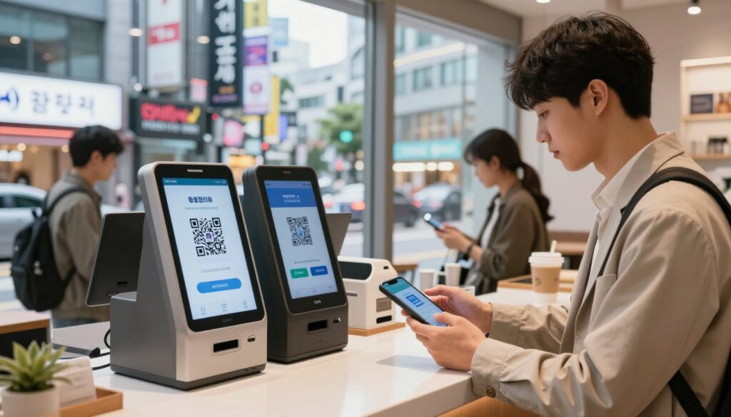 A modern payment scene in South Korea, showcasing a variety of advanced payment methods. In the foreground, a young professional in smart casual attire is using a smartphone for a contactless payment at a sleek café counter. The middle ground features a digital payment kiosk displaying QR codes and mobile wallet options, while customers interact with the technology. In the background, a bright and bustling urban street with high-tech billboards and neon signs, reflecting the vibrant atmosphere of South Korea's financial innovation. Soft, natural lighting enhances the scene, highlighting the modern architecture. The angle captures the dynamic essence of contemporary Korean payment practices, conveying a sense of efficiency and futurism.
