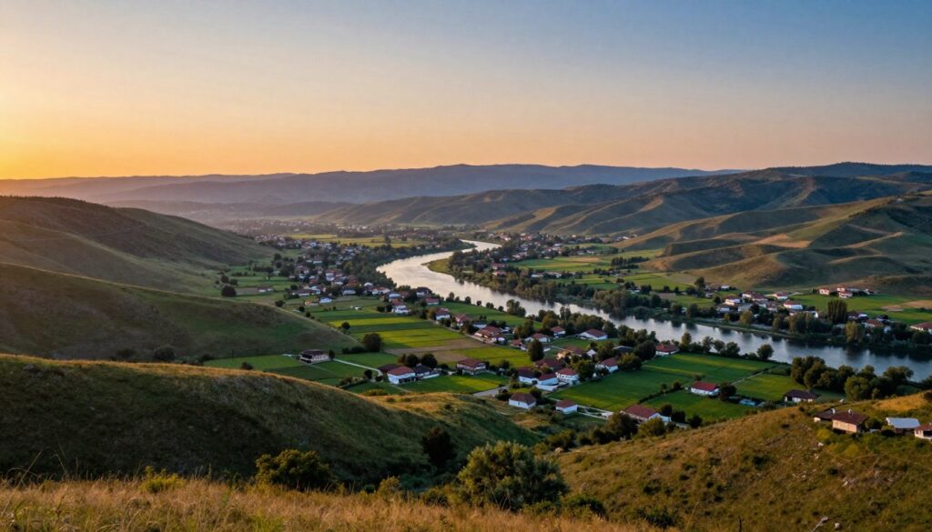A panoramic view highlighting the European part of Turkey, showcasing the lush landscapes and intricate borders with neighboring Balkan countries. In the foreground, gently rolling hills dotted with traditional Turkish houses and small farms bask in soft, golden sunlight, creating a welcoming atmosphere. The middle ground features a sparkling river, winding through the verdant countryside, leading to a distant view of the Balkan mountains. The background is a picturesque horizon, where the sky transitions from warm orange hues of sunset to cool blues. Capture a sense of serenity and cultural richness, using a wide-angle lens with high dynamic range lighting to enhance colors and details. The image should evoke a feeling of exploration and connection between Europe and Asia.