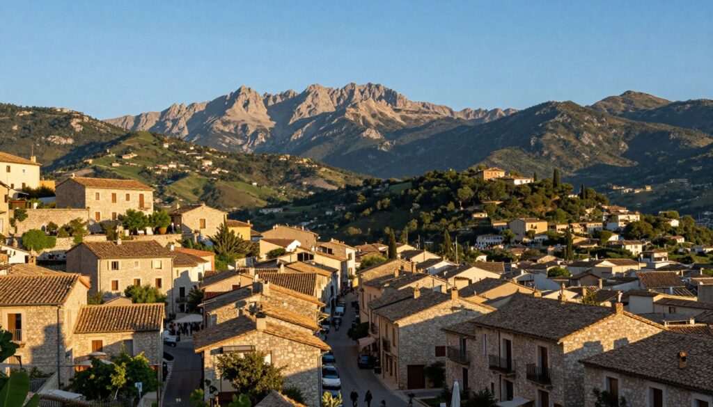 A panoramic view of Llívia, a Spanish enclave surrounded by the French Pyrenees, showcasing its unique geographical situation. In the foreground, depict the quaint architecture of Llívia including its traditional stone houses and narrow streets, bustling with modestly dressed locals enjoying the day. In the middle ground, illustrate lush green hills and the distinctive jagged peaks of the Pyrenees, bathed in warm golden sunlight that casts soft shadows. The background should feature a clear blue sky, hinting at the breathtaking landscapes that frame this unique territory. The mood is serene and picturesque, capturing the essence of a hidden gem within Spain’s boundaries. Use a wide-angle lens to enhance the grandeur of the surrounding mountains while keeping the village prominently in focus. A panoramic view of Llívia, a Spanish enclave surrounded by the French Pyrenees, showcasing its unique geographical situation. In the foreground, depict the quaint architecture of Llívia including its traditional stone houses and narrow streets, bustling with modestly dressed locals enjoying the day. In the middle ground, illustrate lush green hills and the distinctive jagged peaks of the Pyrenees, bathed in warm golden sunlight that casts soft shadows. The background should feature a clear blue sky, hinting at the breathtaking landscapes that frame this unique territory. The mood is serene and picturesque, capturing the essence of a hidden gem within Spain’s boundaries. Use a wide-angle lens to enhance the grandeur of the surrounding mountains while keeping the village prominently in focus.