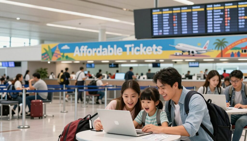 A panoramic view of a bustling airport check-in area, fully packed with travelers searching for economical flight tickets. In the foreground, a cheerful family with two adults and two children are huddled around a laptop, discovering various budget flight deals, their faces expressing excitement. The middle ground features a vibrant banner advertising "Affordable Tickets," with colorful images of flight destinations, adding a sense of adventure. The background shows a large departure board displaying times and destinations, illuminated by soft overhead lighting. The scene evokes a sense of hope and exploration, with a modern, energetic atmosphere. The colors are bright and inviting, suggesting the potential for enjoyable travel experiences.