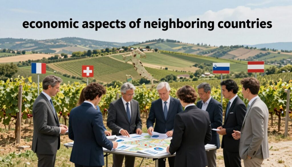 A panoramic view of a vibrant Italian border landscape showcasing "economic aspects of neighboring countries." In the foreground, a diverse group of professionals in business attire engages in discussions, analyzing charts and maps on a portable table. The middle ground features fields and vineyards representing Italy's economy, with border markers subtly indicating the neighboring countries—France, Switzerland, Austria, and Slovenia. In the background, rolling hills and a clear sky create a tranquil atmosphere. Soft, diffused daylight illuminates the scene, highlighting the interactions of the business professionals and the natural beauty surrounding them. The overall mood conveys collaboration and economic exchange, emphasizing the interconnectedness of Italy with its neighbors through commerce and trade. A panoramic view of a vibrant Italian border landscape showcasing "economic aspects of neighboring countries." In the foreground, a diverse group of professionals in business attire engages in discussions, analyzing charts and maps on a portable table. The middle ground features fields and vineyards representing Italy's economy, with border markers subtly indicating the neighboring countries—France, Switzerland, Austria, and Slovenia. In the background, rolling hills and a clear sky create a tranquil atmosphere. Soft, diffused daylight illuminates the scene, highlighting the interactions of the business professionals and the natural beauty surrounding them. The overall mood conveys collaboration and economic exchange, emphasizing the interconnectedness of Italy with its neighbors through commerce and trade.