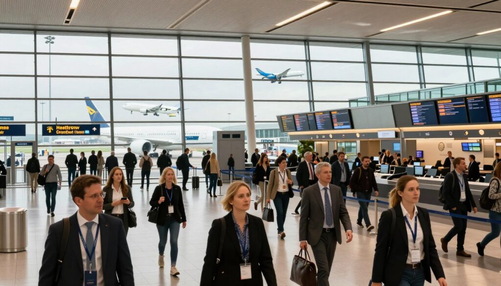 A panoramic view of key European transit hubs, focusing on busy airport terminals like Heathrow, Frankfurt, and Amsterdam Schiphol. In the foreground, travelers in professional attire navigate through modern check-in areas, with diverse expressions of anticipation and excitement. The middle ground showcases large glass windows revealing aircraft taxiing and taking off, while the vibrant hustle of people creates a lively atmosphere. The background features iconic architectural elements of the airports, with softly illuminated signs and busy departure boards, casting a warm glow over the scene. The image captures a sense of motion and connectivity, highlighting the importance of these airports as vital links in international travel, all under bright, natural lighting that enhances the bustling ambience.