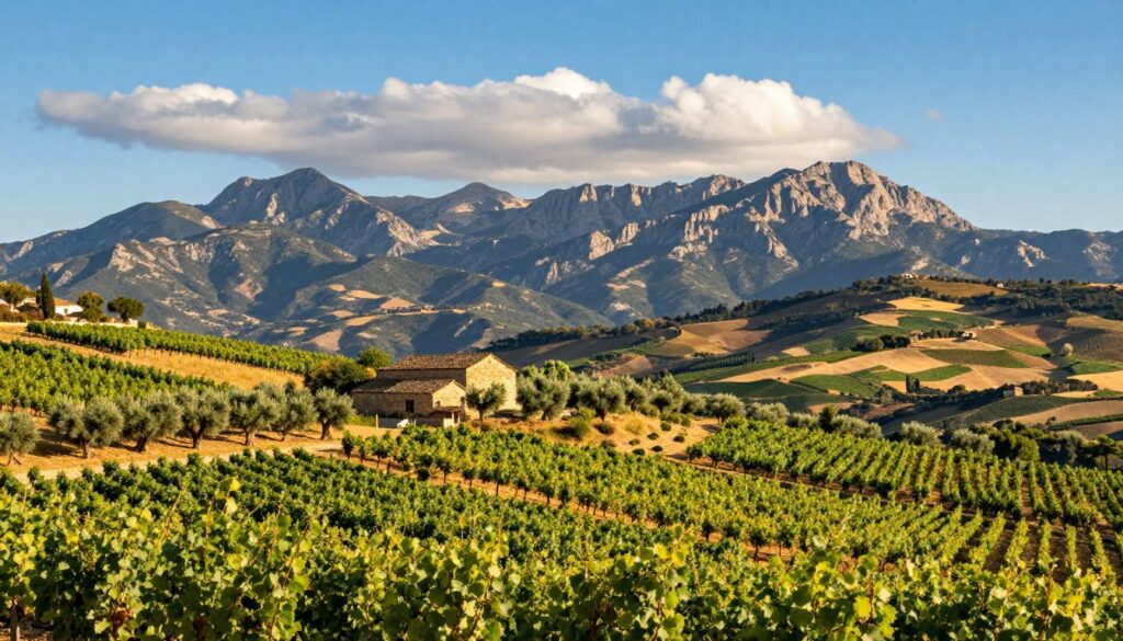 A panoramic view of the Iberian Peninsula, showcasing the diverse landscapes along the border between Spain and Portugal. In the foreground, lush green vineyards and rolling hills represent the agricultural richness of the region. The middle ground features a rustic farmhouse typical of the area, surrounded by olive trees, indicating the Mediterranean climate. In the background, the majestic Sierra de Guadarrama mountains rise under a bright blue sky with fluffy white clouds. The sunlight casts warm golden hues, creating a vibrant and inviting atmosphere. The image should evoke a sense of tranquility and connection between the two neighboring countries, emphasizing the long land border in a natural and harmonious way. Capture this scene with a wide-angle lens for depth, ensuring a balanced composition. A panoramic view of the Iberian Peninsula, showcasing the diverse landscapes along the border between Spain and Portugal. In the foreground, lush green vineyards and rolling hills represent the agricultural richness of the region. The middle ground features a rustic farmhouse typical of the area, surrounded by olive trees, indicating the Mediterranean climate. In the background, the majestic Sierra de Guadarrama mountains rise under a bright blue sky with fluffy white clouds. The sunlight casts warm golden hues, creating a vibrant and inviting atmosphere. The image should evoke a sense of tranquility and connection between the two neighboring countries, emphasizing the long land border in a natural and harmonious way. Capture this scene with a wide-angle lens for depth, ensuring a balanced composition.