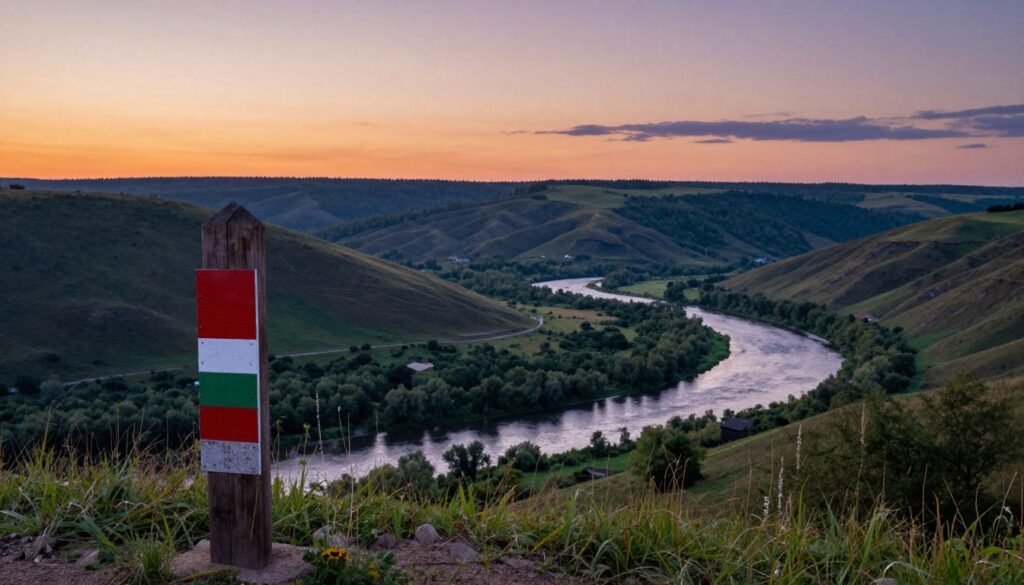 A panoramic view of the Romania-Ukraine border, showcasing the natural landscape that defines this significant boundary. In the foreground, focus on a detailed depiction of the border markers, perhaps a wooden post alongside a serene river that snakes through lush greenery. The middle ground presents rolling hills and dense forests, emphasizing the rugged beauty of the region. In the background, capture the sky at twilight, bathed in warm hues of orange and purple, casting a tranquil glow over the area. The mood is peaceful yet profound, reflecting the historical and geopolitical importance of this border. The image should be composed with a wide-angle perspective, ensuring clarity and depth, while the lighting highlights the intricate details of the terrain.