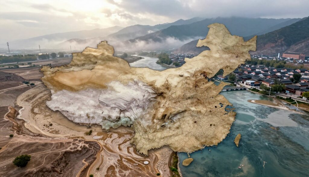 A panoramic view of the border regions between countries neighboring China, illustrating the diverse climate challenges present in this area. In the foreground, depict a rugged landscape with dry, cracked earth and sparse vegetation, highlighting the impacts of drought. In the middle ground, showcase a river facing pollution and changing water levels due to climate change, with a small village in traditional architecture struggling to adapt. In the background, include mountains partially shrouded in smog, symbolizing industrial challenges. The atmosphere is one of concern, with soft, diffused sunlight filtering through clouds, creating a poignant yet hopeful mood. The image should be detailed and engaging, capturing the essence of climate challenges in border regions.