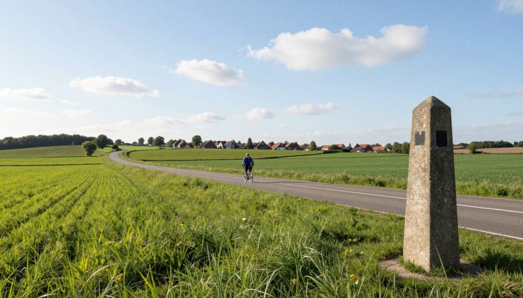 A picturesque landscape illustrating the land border between Denmark and Germany. In the foreground, depict a serene countryside scene with rolling hills, lush green fields, and a historic stone border marker symbolizing the boundary. In the middle ground, include a peaceful road winding gently through the landscape, with an occasional cyclist or hiker in formal or modest casual attire enjoying the scenery. In the background, showcase a clear blue sky with soft white clouds and the silhouette of a small village, emphasizing the tranquility of the border area. The image should have soft, natural lighting to create a warm and inviting atmosphere, with an airy perspective that highlights the peaceful coexistence of the two countries. A picturesque landscape illustrating the land border between Denmark and Germany. In the foreground, depict a serene countryside scene with rolling hills, lush green fields, and a historic stone border marker symbolizing the boundary. In the middle ground, include a peaceful road winding gently through the landscape, with an occasional cyclist or hiker in formal or modest casual attire enjoying the scenery. In the background, showcase a clear blue sky with soft white clouds and the silhouette of a small village, emphasizing the tranquility of the border area. The image should have soft, natural lighting to create a warm and inviting atmosphere, with an airy perspective that highlights the peaceful coexistence of the two countries.