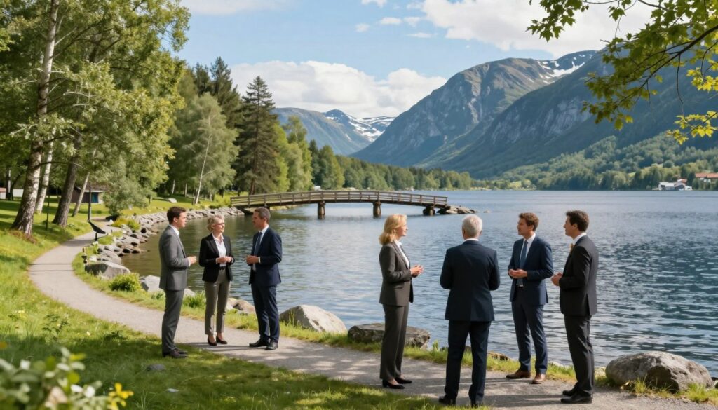 A picturesque scene depicting the border between Norway and Sweden, showcasing lush green forests and a serene lakeside environment. In the foreground, a diverse group of professionals in business attire engaged in a dialogue, symbolizing cooperation and partnership. The middle ground features a winding river with a rustic wooden bridge connecting both nations, while majestic mountains rise in the background under a clear blue sky. Soft sunlight filters through the trees, casting dappled shadows on the ground, enhancing the atmosphere of unity and collaboration. The composition should reflect a harmonious relationship between the two countries, embodying the essence of the Swedish-Norwegian border as a foundation for cooperation, with a focus on natural beauty and professionalism.