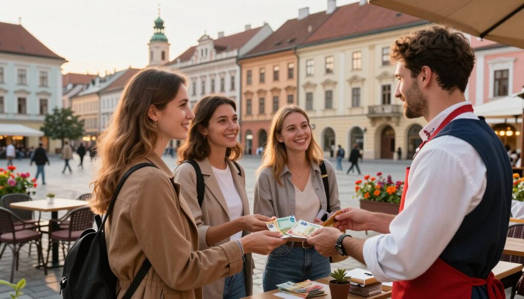 A picturesque scene showcasing a European city square in Hungary with a diverse group of tourists engaged in a friendly discussion while making a payment in euros. In the foreground, a couple of travelers, dressed in smart casual attire, are handing euro banknotes to a local shopkeeper, who is wearing a traditional Hungarian apron. The middle ground features charming historical architecture with colorful facades, outdoor café tables, and blooming flower pots, creating a lively atmosphere. In the background, softly lit by a late afternoon sun, the iconic skyline of the city can be seen, with subtle hints of cultural landmarks. The image captures a warm and welcoming mood, emphasizing the ease of using euros in Hungary without any overlay or text. A picturesque scene showcasing a European city square in Hungary with a diverse group of tourists engaged in a friendly discussion while making a payment in euros. In the foreground, a couple of travelers, dressed in smart casual attire, are handing euro banknotes to a local shopkeeper, who is wearing a traditional Hungarian apron. The middle ground features charming historical architecture with colorful facades, outdoor café tables, and blooming flower pots, creating a lively atmosphere. In the background, softly lit by a late afternoon sun, the iconic skyline of the city can be seen, with subtle hints of cultural landmarks. The image captures a warm and welcoming mood, emphasizing the ease of using euros in Hungary without any overlay or text.