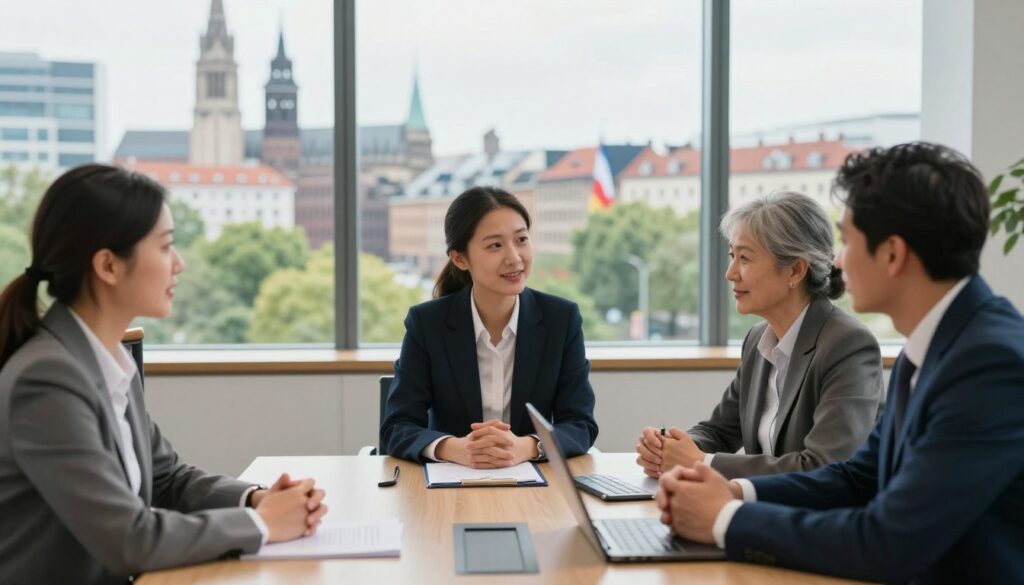 A picturesque view of a business meeting taking place in a modern conference room, symbolizing economic integration between Germany and its western neighbors, France and the Netherlands. In the foreground, three professionals, diverse in ethnicity and gender, are engaged in conversation, dressed in professional business attire, with documents and digital devices on the table. The middle ground features a large window showcasing a vibrant European cityscape, with iconic landmarks visible, and greenery outside that reflects a sense of collaboration. The background is softly blurred, emphasizing the lively atmosphere and connection. Soft, natural lighting bathes the room, creating an inviting ambiance. The mood is optimistic and forward-looking, highlighting the spirit of partnership and growth in the region.