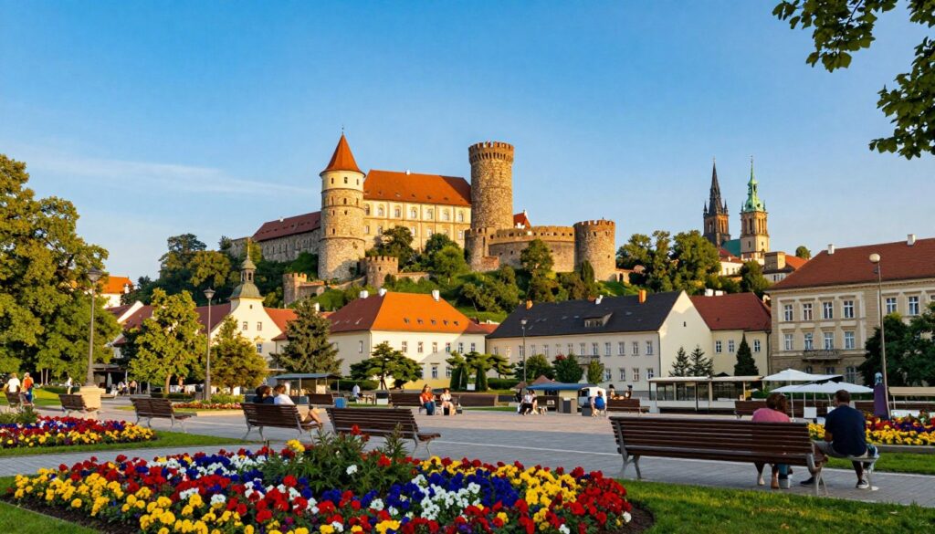 A picturesque view of the Moravian capital, Brno, showcasing its historical architecture and cultural attractions. In the foreground, vibrant flower beds and neatly arranged benches line a sunny plaza, inviting visitors to relax. The middle ground features the iconic Špilberk Castle, perched on a hill, with its impressive stone walls and towers bathed in golden sunlight. Surrounding the castle are lush green trees, adding a touch of nature to the urban landscape. In the background, the skyline of Brno is adorned with Baroque and Gothic buildings, including the Cathedral of St. Peter and Paul, framed against a cerulean sky. The atmosphere is warm and inviting, reflecting a lively day in the city, with soft, natural lighting accentuating the scene. A picturesque view of the Moravian capital, Brno, showcasing its historical architecture and cultural attractions. In the foreground, vibrant flower beds and neatly arranged benches line a sunny plaza, inviting visitors to relax. The middle ground features the iconic Špilberk Castle, perched on a hill, with its impressive stone walls and towers bathed in golden sunlight. Surrounding the castle are lush green trees, adding a touch of nature to the urban landscape. In the background, the skyline of Brno is adorned with Baroque and Gothic buildings, including the Cathedral of St. Peter and Paul, framed against a cerulean sky. The atmosphere is warm and inviting, reflecting a lively day in the city, with soft, natural lighting accentuating the scene.
