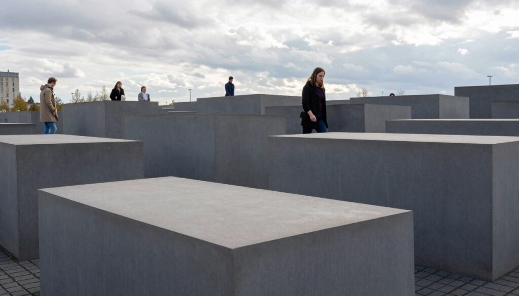 A poignant image of the Memorial to the Murdered Jews of Europe in Berlin, capturing its unique architectural structure. In the foreground, a series of large, grey concrete slabs of varying heights create a poignant labyrinth, symbolizing loss and memory. The middle ground shows visitors walking through the memorial, some reflecting solemnly, dressed in modest casual attire. The background features a cloudy sky, casting soft, diffused lighting over the scene, enhancing the somber mood. Use a low-angle perspective to emphasize the towering slabs, creating a sense of depth and perspective. The atmosphere is reflective and respectful, emphasizing the importance of remembrance in a modern urban setting. A poignant image of the Memorial to the Murdered Jews of Europe in Berlin, capturing its unique architectural structure. In the foreground, a series of large, grey concrete slabs of varying heights create a poignant labyrinth, symbolizing loss and memory. The middle ground shows visitors walking through the memorial, some reflecting solemnly, dressed in modest casual attire. The background features a cloudy sky, casting soft, diffused lighting over the scene, enhancing the somber mood. Use a low-angle perspective to emphasize the towering slabs, creating a sense of depth and perspective. The atmosphere is reflective and respectful, emphasizing the importance of remembrance in a modern urban setting.