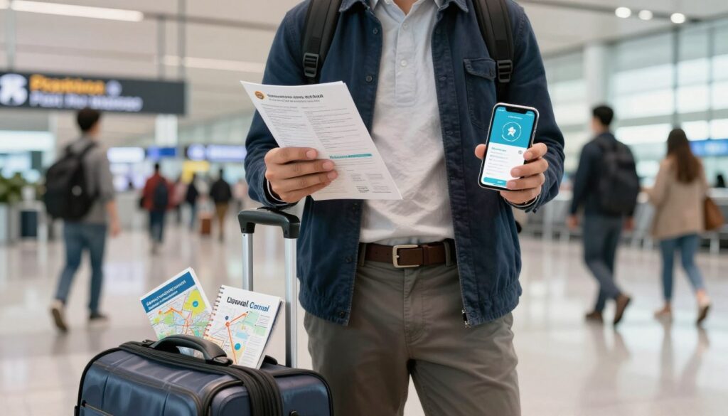 A professional traveler stands confidently at an airport, holding essential travel documents and a smartphone displaying a digital currency app. He is dressed in a smart casual outfit, projecting a sense of preparedness. In the foreground, a neatly organized travel bag with a map and travel guide peeks out. The middle layer showcases a bustling airport terminal with travelers moving in the background, emphasizing the theme of travel in a cashless society. Soft, bright lighting floods the scene, highlighting the documents and the technology. The atmosphere is dynamic yet focused, capturing the essence of preparing for a journey with necessary information and a modern approach to currency. A professional traveler stands confidently at an airport, holding essential travel documents and a smartphone displaying a digital currency app. He is dressed in a smart casual outfit, projecting a sense of preparedness. In the foreground, a neatly organized travel bag with a map and travel guide peeks out. The middle layer showcases a bustling airport terminal with travelers moving in the background, emphasizing the theme of travel in a cashless society. Soft, bright lighting floods the scene, highlighting the documents and the technology. The atmosphere is dynamic yet focused, capturing the essence of preparing for a journey with necessary information and a modern approach to currency.