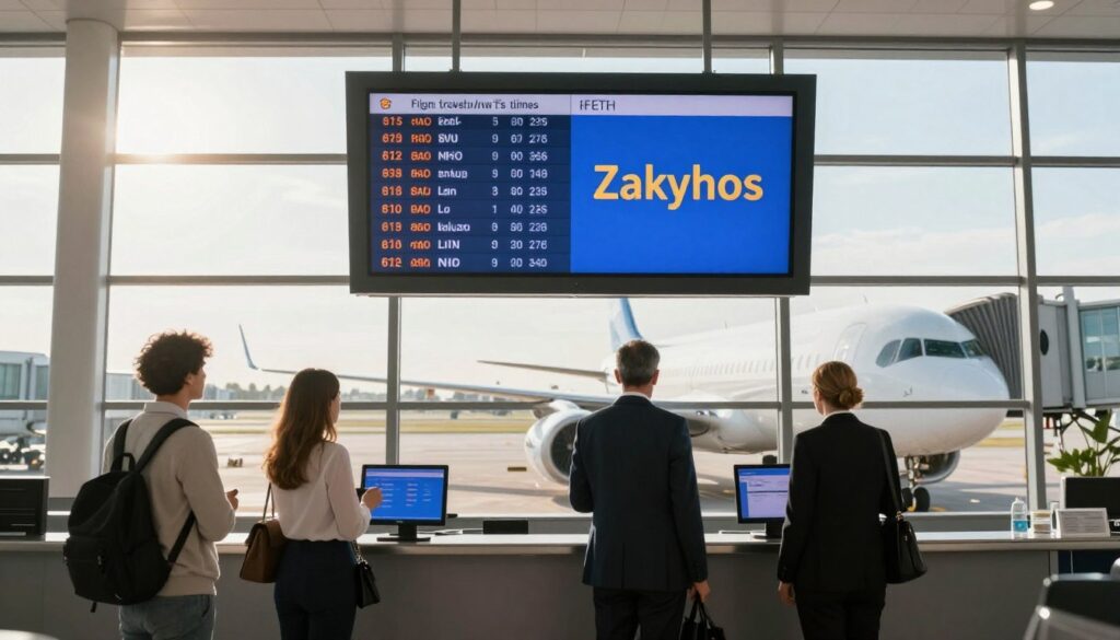 A scenic airport terminal with large, bright windows showcasing an airplane at the gate, symbolizing flight duration. In the foreground, passengers dressed in professional business attire are checking flight information on electronic screens. The middle ground features a digital display board showing flight times and destinations, with emphasis on a flight to Zakynthos in a vibrant, travel-friendly font. In the background, sunlight filters through the windows, casting soft shadows and creating a warm, inviting atmosphere. The lighting is bright and airy, enhancing the feeling of anticipation associated with travel. The scene should capture a sense of excitement and efficiency, reflecting the factors influencing flight travel times. A scenic airport terminal with large, bright windows showcasing an airplane at the gate, symbolizing flight duration. In the foreground, passengers dressed in professional business attire are checking flight information on electronic screens. The middle ground features a digital display board showing flight times and destinations, with emphasis on a flight to Zakynthos in a vibrant, travel-friendly font. In the background, sunlight filters through the windows, casting soft shadows and creating a warm, inviting atmosphere. The lighting is bright and airy, enhancing the feeling of anticipation associated with travel. The scene should capture a sense of excitement and efficiency, reflecting the factors influencing flight travel times.