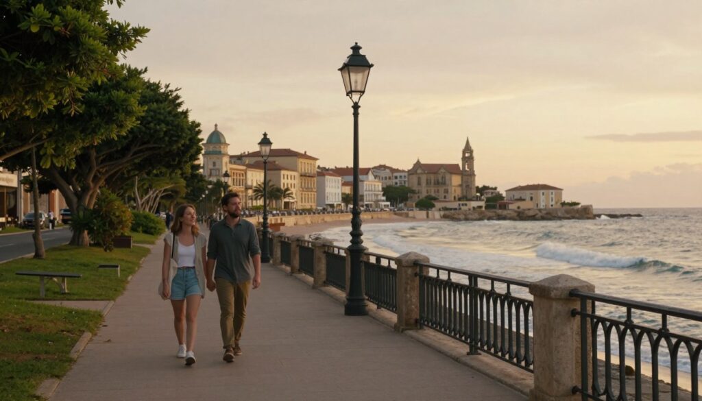 A scenic view of a historical promenade along the coast, showcasing a charming walkway lined with vintage-style street lamps and lush greenery. In the foreground, a couple dressed in modest casual clothing is leisurely strolling, with their expressions reflecting joy and curiosity. The middle ground features an ornate railing overlooking gentle waves lapping against the shore, with historical buildings in the background, highlighting classic architecture reminiscent of a bygone era. The sky is painted with warm hues of sunset, casting a golden glow on the scene, enhancing the nostalgic atmosphere. The image captures a sense of tranquility and exploration, inviting viewers to experience the beauty of this coastal history. Use soft, natural lighting to enhance the romantic ambiance, with a slightly elevated angle to showcase the depth of the promenade.