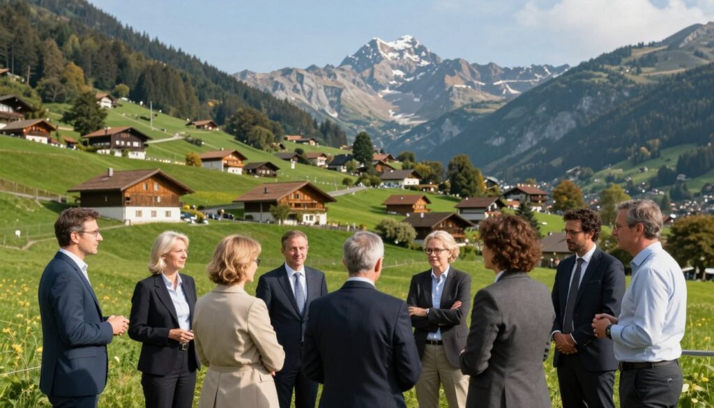 A scenic view of the Swiss border regions, showcasing the role of cantons in facilitating cross-border life. In the foreground, a diverse group of people dressed in professional business attire stand engaged in dialogue, emphasizing collaboration and community. The middle ground features picturesque Swiss landscapes with recognizable Swiss architecture and lush green hills, symbolizing the unique characteristics of each canton. In the background, majestic mountains rise under a clear blue sky, adding a sense of grandeur. The lighting is soft and natural, flooding the scene with warmth and positivity, while the angle captures a panoramic view to highlight the geographical interconnectedness of Switzerland with its neighboring countries. The overall mood is vibrant and welcoming, reflecting harmony in cross-border relationships.
