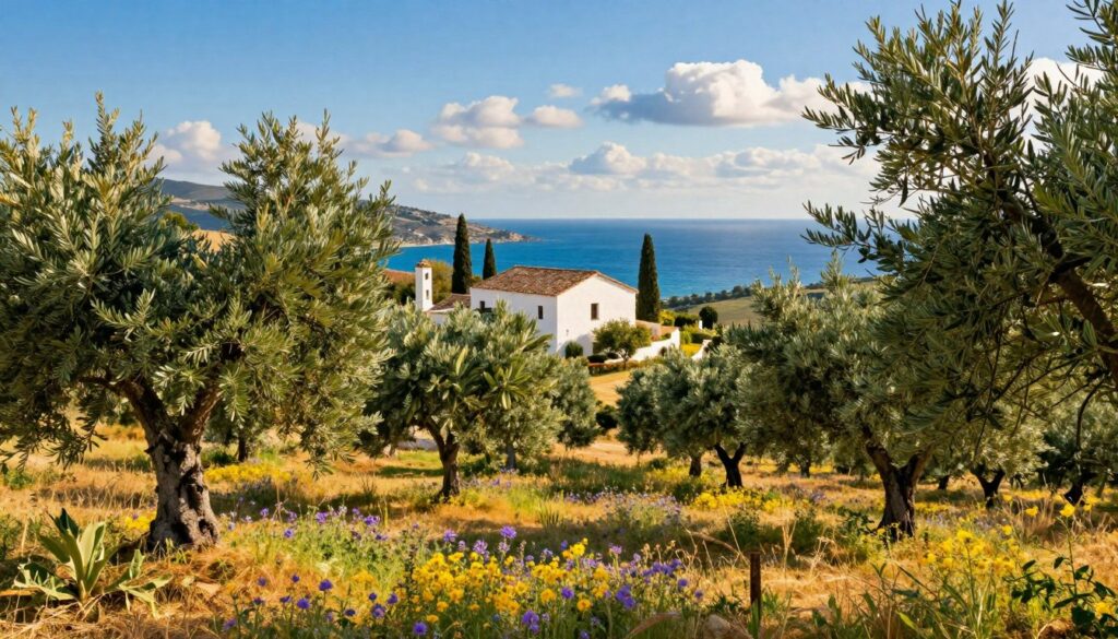 A serene Mediterranean landscape showcasing a vibrant climate. In the foreground, a lush olive grove with silvery-green leaves sways gently in the warm, golden sunlight. Scattered wildflowers in shades of purple and yellow add splashes of color to the scene. The middle ground features a classic whitewashed villa with terracotta roof tiles, surrounded by cypress trees indicative of the Mediterranean region. In the background, rolling hills lead to a shimmering azure sea under a clear blue sky with soft, fluffy clouds. The warm lighting bathes the entire scene in a tranquil, inviting atmosphere, evoking the peacefulness of a Mediterranean summer day. The angle captures the depth of the landscape, inviting viewers to immerse themselves in this idyllic setting. A serene Mediterranean landscape showcasing a vibrant climate. In the foreground, a lush olive grove with silvery-green leaves sways gently in the warm, golden sunlight. Scattered wildflowers in shades of purple and yellow add splashes of color to the scene. The middle ground features a classic whitewashed villa with terracotta roof tiles, surrounded by cypress trees indicative of the Mediterranean region. In the background, rolling hills lead to a shimmering azure sea under a clear blue sky with soft, fluffy clouds. The warm lighting bathes the entire scene in a tranquil, inviting atmosphere, evoking the peacefulness of a Mediterranean summer day. The angle captures the depth of the landscape, inviting viewers to immerse themselves in this idyllic setting.