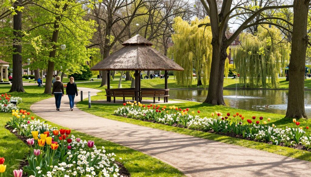 A serene and lush park scene in Kołobrzeg, showcasing the beauty of Park Zdrojowy. In the foreground, a winding pathway meanders through vibrant green grass, bordered by colorful flower beds blooming with tulips and daisies. A couple of people in modest casual clothing stroll along the path, enjoying the sunny weather. In the middle, a charming gazebo with a thatched roof provides a perfect spot for relaxation, surrounded by tall trees casting soft shadows. The background features a tranquil pond with ducks gently gliding across, framed by weeping willows. The sunlight filters through the leaves, creating a warm, inviting atmosphere, with a slight breeze suggested by the ripples on the water's surface. The overall mood is peaceful and rejuvenating, ideal for illustrating a day of relaxation in nature. A serene and lush park scene in Kołobrzeg, showcasing the beauty of Park Zdrojowy. In the foreground, a winding pathway meanders through vibrant green grass, bordered by colorful flower beds blooming with tulips and daisies. A couple of people in modest casual clothing stroll along the path, enjoying the sunny weather. In the middle, a charming gazebo with a thatched roof provides a perfect spot for relaxation, surrounded by tall trees casting soft shadows. The background features a tranquil pond with ducks gently gliding across, framed by weeping willows. The sunlight filters through the leaves, creating a warm, inviting atmosphere, with a slight breeze suggested by the ripples on the water's surface. The overall mood is peaceful and rejuvenating, ideal for illustrating a day of relaxation in nature.