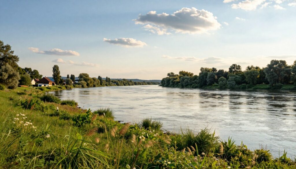 A serene landscape depicting the Danube River as a natural border between Romania and Serbia. In the foreground, gentle riverbanks with lush green grass and wildflowers swaying in a light breeze. In the middle ground, the majestic Danube flows calmly, reflecting the soft golden rays of a late afternoon sun. On the Serbian side, a quaint village with traditional houses peeks through the trees, while on the Romanian side, dense forests create a natural barrier. The background showcases distant hills and a clear blue sky dotted with fluffy white clouds, evoking a sense of peace and tranquility. The lighting is warm and inviting, emphasizing the harmony of nature along this significant waterway, conveying a mood of connection and serenity.