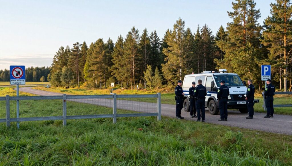 A serene landscape depicting the Finnish border, showcasing a blend of nature and security. In the foreground, a well-maintained border fence runs along a lush green field, with signs indicating international border control. In the middle ground, a team of professional border security personnel, dressed in uniforms, monitors the area while they discuss strategies, standing near a modern surveillance vehicle. The background features a tranquil forest and a clear sky, with soft golden light shining through the trees, evoking a sense of calm yet vigilance. The image captures the essence of safety and collaboration in international relations, emphasizing the importance of border security amidst a peaceful environment.