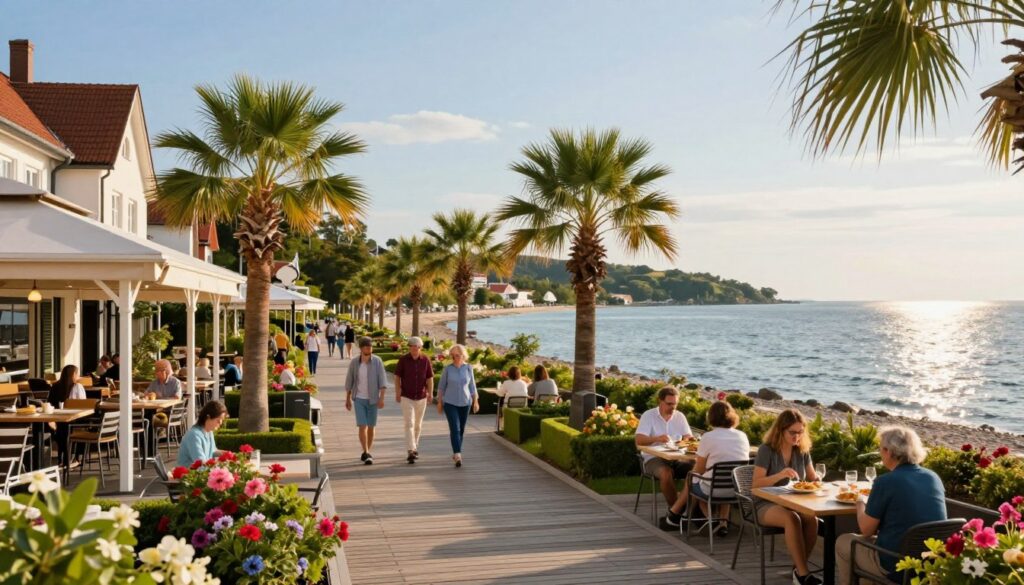 A serene scene depicting a picturesque German resort, featuring elegant seaside architecture and well-maintained gardens. In the foreground, a charming boardwalk lined with quaint cafés and gently swaying palm trees sets a welcoming atmosphere. The middle ground showcases families enjoying leisurely strolls, dressed in smart casual clothing, while others indulge in local cuisine at outdoor tables. The vibrant colors of blooming flowers add a lively touch. In the background, the tranquil blue waters of the Baltic Sea glistens under soft, golden sunlight, with distant views of rolling hills and lush greenery. The overall mood is relaxed and inviting, evoking a sense of vacation and discovery, captured with a slight upward angle to emphasize the beautiful sky and scenic surroundings.