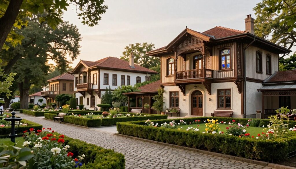 A serene scene depicting the historic charm of Sopot's villa district, showcasing elegant, well-preserved mansions surrounded by lush greenery. In the foreground, a cobblestone path lined with blooming flowerbeds leads the viewer's gaze toward the intricately designed wooden facades of the villas, adorned with ornate balconies and stained glass windows. The middle ground features a peaceful garden with carefully trimmed hedges and benches where visitors can relax. In the background, gently swaying trees create a natural canopy, filtering soft golden sunlight that casts a warm glow over the scene. The atmosphere exudes nostalgia and tranquility, capturing the essence of a bygone era in this charming seaside resort town.