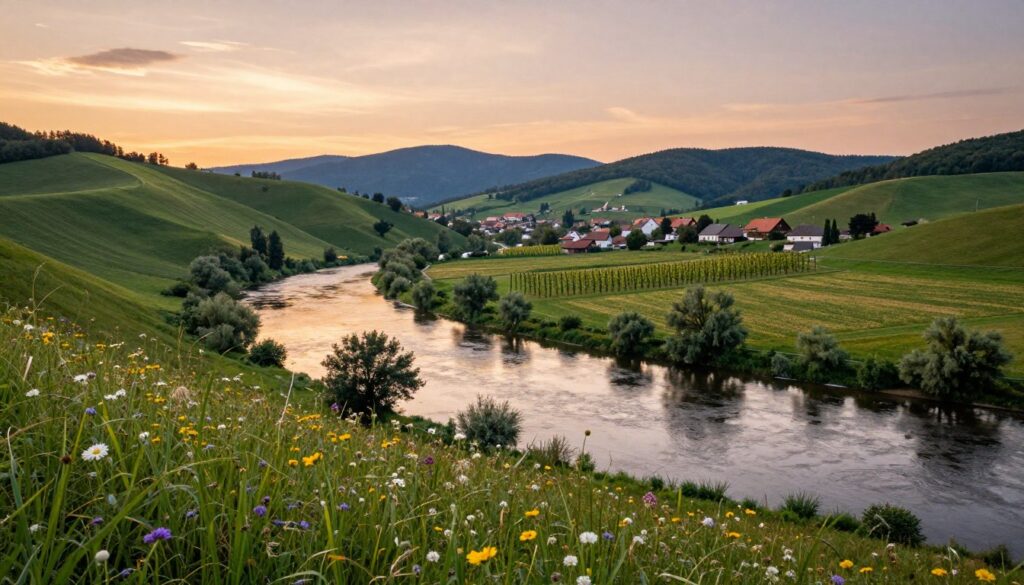 A serene view of the Ohrze River Valley in the Czech Republic during golden hour, showcasing rolling hills adorned with lush greenery and blooming wildflowers in the foreground. The river flows gently, reflecting the warm hues of the sunset skies above. In the middle ground, traditional Czech hop fields are visible, with neatly arranged hop plants climbing trellises, highlighting the region's rich brewing traditions. A quaint village with charming, rustic houses can be seen nestled among the hills, accentuating the area's cultural heritage. The background features majestic mountains under a pastel sky, adding depth to the scene. The overall mood is tranquil and inviting, evoking a sense of natural beauty and tradition. The composition is framed with a wide-angle lens, capturing the expansive beauty of this picturesque landscape. A serene view of the Ohrze River Valley in the Czech Republic during golden hour, showcasing rolling hills adorned with lush greenery and blooming wildflowers in the foreground. The river flows gently, reflecting the warm hues of the sunset skies above. In the middle ground, traditional Czech hop fields are visible, with neatly arranged hop plants climbing trellises, highlighting the region's rich brewing traditions. A quaint village with charming, rustic houses can be seen nestled among the hills, accentuating the area's cultural heritage. The background features majestic mountains under a pastel sky, adding depth to the scene. The overall mood is tranquil and inviting, evoking a sense of natural beauty and tradition. The composition is framed with a wide-angle lens, capturing the expansive beauty of this picturesque landscape.