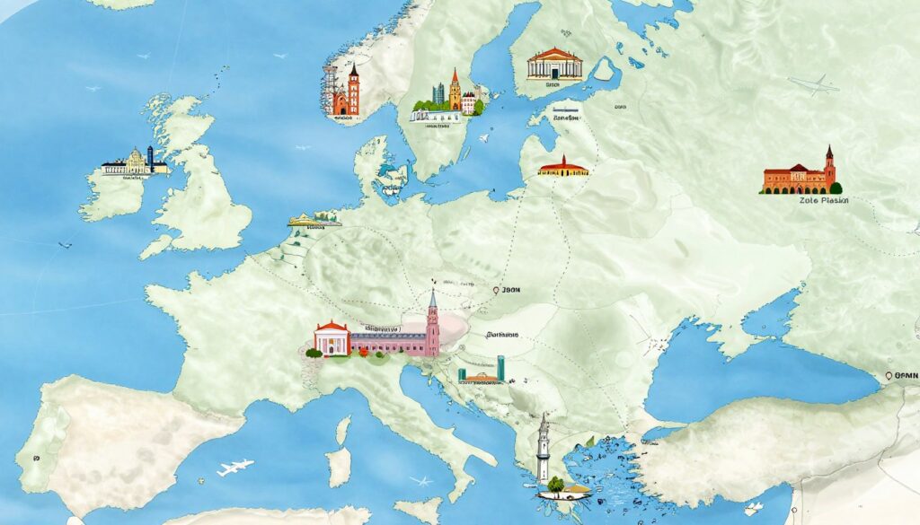 A split-image depicting the differences in flight times from various Polish cities to Bulgaria. In the foreground, show a large, detailed map of Poland and Bulgaria, marked with dotted lines representing flight paths. The middle ground features illustrations of iconic landmarks from various Polish cities, such as Warsaw's skyline and Krakow's castle, alongside popular Bulgarian sites like the beach at Złote Piaski. In the background, a serene blue sky enhances the travel theme, dotted with faint outlines of airplanes flying along the paths. The lighting is bright and optimistic, symbolizing travel excitement. The overall atmosphere is informative yet inviting, aiming to enhance the viewer's curiosity about flight travel durations. A split-image depicting the differences in flight times from various Polish cities to Bulgaria. In the foreground, show a large, detailed map of Poland and Bulgaria, marked with dotted lines representing flight paths. The middle ground features illustrations of iconic landmarks from various Polish cities, such as Warsaw's skyline and Krakow's castle, alongside popular Bulgarian sites like the beach at Złote Piaski. In the background, a serene blue sky enhances the travel theme, dotted with faint outlines of airplanes flying along the paths. The lighting is bright and optimistic, symbolizing travel excitement. The overall atmosphere is informative yet inviting, aiming to enhance the viewer's curiosity about flight travel durations.