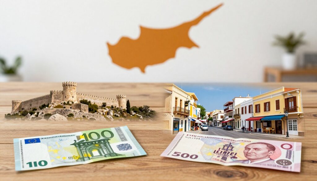 A split image depicting the political division of Cyprus, illustrating the contrast between the southern Greek Cypriot and northern Turkish Cypriot regions. In the foreground, show representative currencies of both regions: the Euro for the south and the Turkish Lira for the north, placed on a textured wooden table. In the middle, include iconic landmarks from each side, like the historical Kyrenia Castle for the north and the bright, vibrant streets of Nicosia for the south, both showcasing local architecture. In the background, a subtle map outline of Cyprus emphasizes the division, with soft ambient lighting to evoke a professional and informative atmosphere. The overall mood should be neutral and educational, avoiding any political bias. A split image depicting the political division of Cyprus, illustrating the contrast between the southern Greek Cypriot and northern Turkish Cypriot regions. In the foreground, show representative currencies of both regions: the Euro for the south and the Turkish Lira for the north, placed on a textured wooden table. In the middle, include iconic landmarks from each side, like the historical Kyrenia Castle for the north and the bright, vibrant streets of Nicosia for the south, both showcasing local architecture. In the background, a subtle map outline of Cyprus emphasizes the division, with soft ambient lighting to evoke a professional and informative atmosphere. The overall mood should be neutral and educational, avoiding any political bias.
