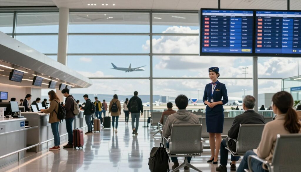 A split image depicting two contrasting scenes: on the left, a busy airport check-in counter with travelers preparing for a direct flight, showcasing a bright and energetic atmosphere, with large windows allowing sunlight to flood the space. On the right, a more serene depiction of a waiting area with a flight information board displaying connecting flight options, emphasizing a sense of anticipation and contemplation among passengers. Include a friendly airline staff member in professional business attire assisting travelers. The background should show airplane silhouettes against a clear blue sky for the direct flight side, and a cloudy scene for the connections side. Capture this in a wide-angle perspective to emphasize the differences, with soft lighting to create an inviting mood.
