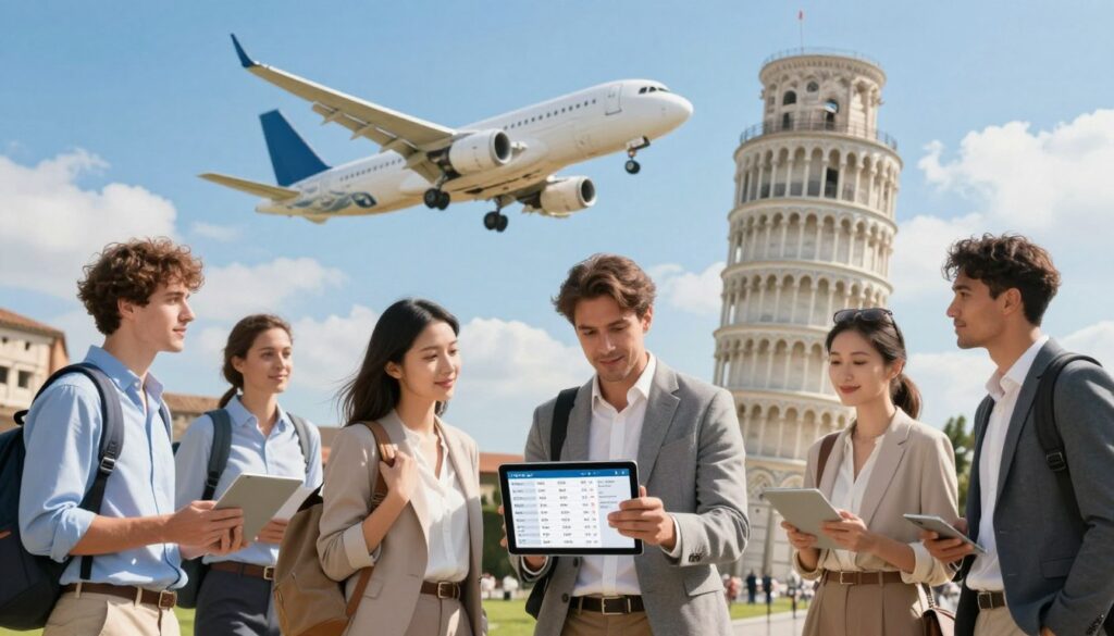 A split-view image showcasing factors influencing flight duration to Italy. In the foreground, a diverse group of business travelers dressed in smart casual attire examining a digital tablet displaying flight routes and schedules. In the middle ground, an airplane soaring through a bright blue sky, symbolizing travel. In the background, iconic Italian landmarks like the Leaning Tower of Pisa and the Colosseum subtly fading into the sky, with wisps of clouds creating a sense of altitude and distance. The lighting is bright and inviting, capturing the essence of travel excitement. The scene conveys a mood of exploration and anticipation, perfectly illustrating the essence of journey considerations. A split-view image showcasing factors influencing flight duration to Italy. In the foreground, a diverse group of business travelers dressed in smart casual attire examining a digital tablet displaying flight routes and schedules. In the middle ground, an airplane soaring through a bright blue sky, symbolizing travel. In the background, iconic Italian landmarks like the Leaning Tower of Pisa and the Colosseum subtly fading into the sky, with wisps of clouds creating a sense of altitude and distance. The lighting is bright and inviting, capturing the essence of travel excitement. The scene conveys a mood of exploration and anticipation, perfectly illustrating the essence of journey considerations.