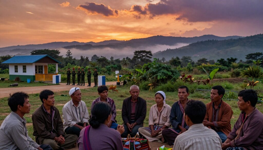 A striking scene depicting the challenges along the India-Myanmar border. In the foreground, a diverse group of local villagers, dressed in modest traditional attire, are engaged in a discussion, their faces reflecting concern and resilience. In the middle ground, a border security post stands vigilant, with armed guards observing the area. The background showcases a dense, lush landscape, characteristic of Southeast Asia, with rolling hills and distant mountains shrouded in mist. The sky is a dramatic tapestry of oranges and purples, suggesting either dawn or dusk, casting a warm glow over the scene. The overall mood is one of tension and hope, illustrating both the beauty and challenges of this complex border region. Use a wide-angle lens to capture the expansive view, ensuring a balanced composition.