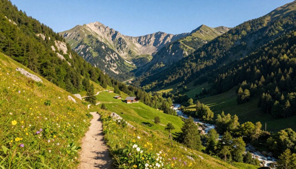 A striking view of the mountainous border area between Slovakia and Ukraine, showcasing rugged terrain with steep peaks, lush green forests, and rocky outcrops. In the foreground, a winding mountain trail leads the viewer's eye through a vibrant landscape filled with wildflowers and patches of sunlight filtering through the trees. In the middle ground, a picturesque valley unfolds with a serene river cutting through the lush scenery, while a charming wooden cabin sits nestled in the foothills. The background features towering mountain ranges under a clear blue sky, enhancing the sense of elevation and natural beauty. The atmosphere is tranquil yet awe-inspiring, capturing the essence of this remote and breathtaking mountainous region. The lighting is warm and inviting, depicting the beauty of a sunny day in the mountains. A striking view of the mountainous border area between Slovakia and Ukraine, showcasing rugged terrain with steep peaks, lush green forests, and rocky outcrops. In the foreground, a winding mountain trail leads the viewer's eye through a vibrant landscape filled with wildflowers and patches of sunlight filtering through the trees. In the middle ground, a picturesque valley unfolds with a serene river cutting through the lush scenery, while a charming wooden cabin sits nestled in the foothills. The background features towering mountain ranges under a clear blue sky, enhancing the sense of elevation and natural beauty. The atmosphere is tranquil yet awe-inspiring, capturing the essence of this remote and breathtaking mountainous region. The lighting is warm and inviting, depicting the beauty of a sunny day in the mountains.