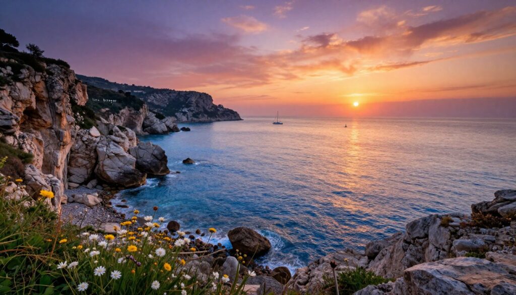 A stunning coastal landscape of Italy showcasing the concept of "linia brzegowa" with dramatic cliffs meeting the Mediterranean Sea. In the foreground, vibrant wildflowers bloom along the rocky shore, while gentle waves lap against the rocks. The middle ground features a serene blue expanse of water with distant sailing boats, emphasizing the borders of Italy’s maritime territory. The background captures a rich sunset sky filled with hues of orange, purple, and pink, casting a golden glow on the water's surface. The scene should be depicted from a slightly elevated angle, creating depth and perspective, with soft lighting to evoke a tranquil, reflective mood. No human presence is included to maintain focus on the natural beauty and significance of the coastline and marine boundaries. A stunning coastal landscape of Italy showcasing the concept of "linia brzegowa" with dramatic cliffs meeting the Mediterranean Sea. In the foreground, vibrant wildflowers bloom along the rocky shore, while gentle waves lap against the rocks. The middle ground features a serene blue expanse of water with distant sailing boats, emphasizing the borders of Italy’s maritime territory. The background captures a rich sunset sky filled with hues of orange, purple, and pink, casting a golden glow on the water's surface. The scene should be depicted from a slightly elevated angle, creating depth and perspective, with soft lighting to evoke a tranquil, reflective mood. No human presence is included to maintain focus on the natural beauty and significance of the coastline and marine boundaries.