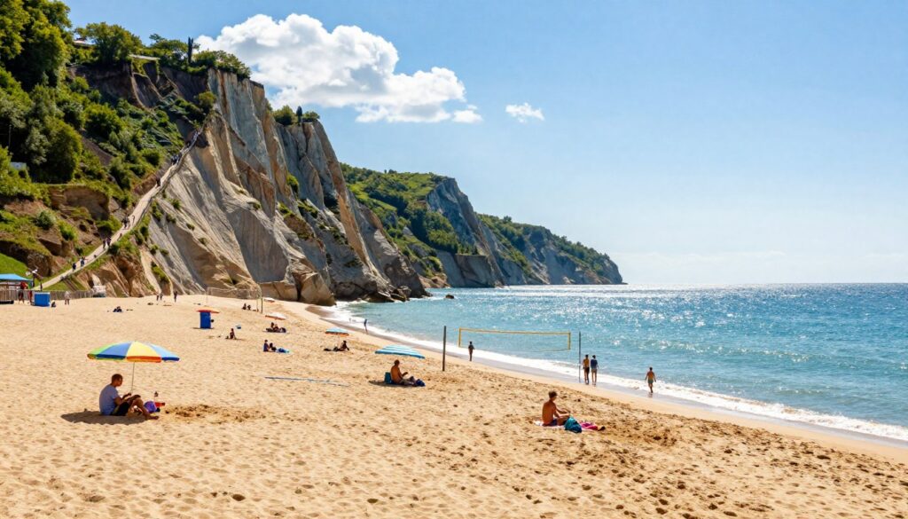 A stunning coastal scene showcasing the beaches and cliffs of Trójmiasto. In the foreground, soft golden sand is speckled with colorful beach umbrellas and families enjoying the sun, engaged in various activities like beach volleyball and picnicking. The middle ground features tall, dramatic cliffs adorned with lush greenery, with a winding footpath for hikers that leads to breathtaking views. In the background, the vibrant blue sea gently laps against the coastline, reflecting the sunlight in a shimmering dance. The sky is bright and clear, with a few fluffy white clouds, casting a warm, inviting atmosphere. Shot from a slightly elevated angle to capture the expanse of the beach and the grandeur of the cliffs, evoking a sense of peace and adventure.