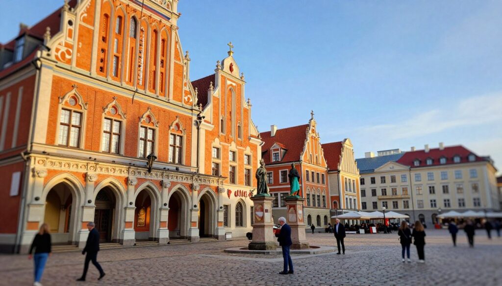 A stunning depiction of the House of the Blackheads in Riga, Latvia, showcasing its intricate Gothic architecture. The foreground features a detailed view of the vibrant façade, adorned with vivid colors and ornate elements, highlighting its historical significance. In the middle ground, traditional Latvian symbols and sculptures stand proudly, while visitors in professional attire explore the area, adding a human touch to the scene. The background showcases Riga's charming old town, with cobblestone streets and traditional buildings, bathed in warm afternoon light creating an inviting atmosphere. The image has a slight tilt-shift effect for depth, emphasizing the stunning architecture against a clear blue sky, evoking a sense of history and culture. A stunning depiction of the House of the Blackheads in Riga, Latvia, showcasing its intricate Gothic architecture. The foreground features a detailed view of the vibrant façade, adorned with vivid colors and ornate elements, highlighting its historical significance. In the middle ground, traditional Latvian symbols and sculptures stand proudly, while visitors in professional attire explore the area, adding a human touch to the scene. The background showcases Riga's charming old town, with cobblestone streets and traditional buildings, bathed in warm afternoon light creating an inviting atmosphere. The image has a slight tilt-shift effect for depth, emphasizing the stunning architecture against a clear blue sky, evoking a sense of history and culture.