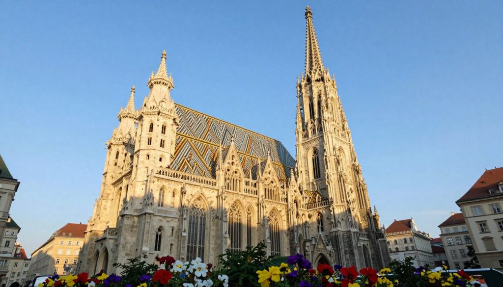 A stunning view of St. Stephen's Cathedral (Katedra św. Szczepana) in Vienna, showcasing its intricate Gothic architecture and iconic multi-colored tiled roof. In the foreground, delicate flower beds bloom with vibrant seasonal flowers, adding a touch of color. The cathedral stands majestically in the middle of the scene, its tall spire reaching toward a clear blue sky. The background features softly blurred buildings typical of Vienna's historic architecture, bathed in warm golden sunlight to enhance the inviting atmosphere. Capture this picturesque scene from a low angle, emphasizing the height and grandeur of the cathedral, while lightly illuminating the facade, creating an uplifting and serene mood. A stunning view of St. Stephen's Cathedral (Katedra św. Szczepana) in Vienna, showcasing its intricate Gothic architecture and iconic multi-colored tiled roof. In the foreground, delicate flower beds bloom with vibrant seasonal flowers, adding a touch of color. The cathedral stands majestically in the middle of the scene, its tall spire reaching toward a clear blue sky. The background features softly blurred buildings typical of Vienna's historic architecture, bathed in warm golden sunlight to enhance the inviting atmosphere. Capture this picturesque scene from a low angle, emphasizing the height and grandeur of the cathedral, while lightly illuminating the facade, creating an uplifting and serene mood.